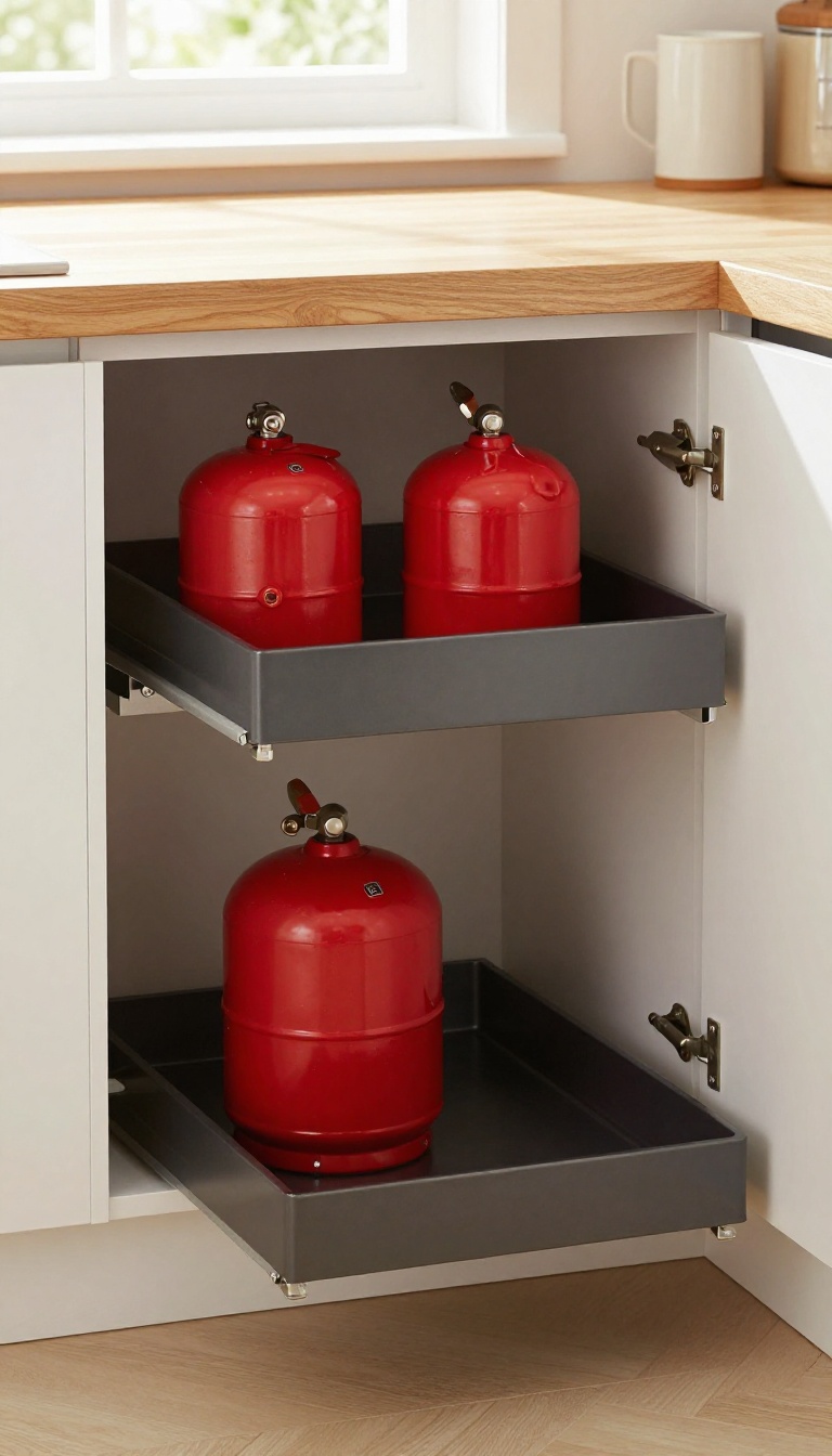 Slide-out tray for gas cylinder in kitchen cabinet for easy access
