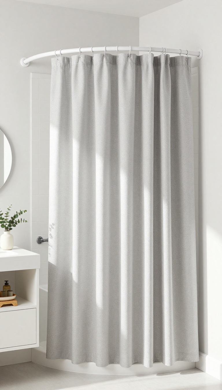 Modern bathroom with curved shower rod creating extra space and a light gray fabric curtain.