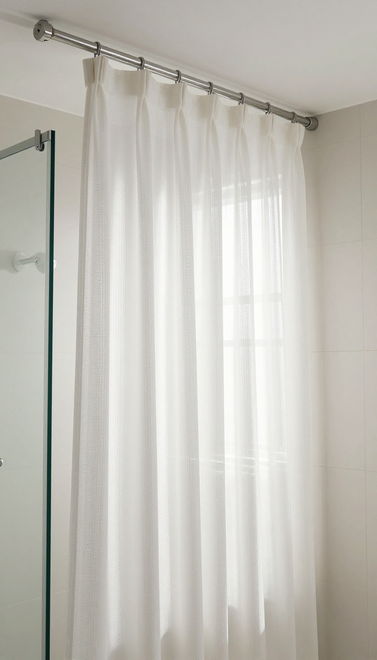 Sheer ceiling-height shower curtain in a bright bathroom, letting light filter through for an airy feel.