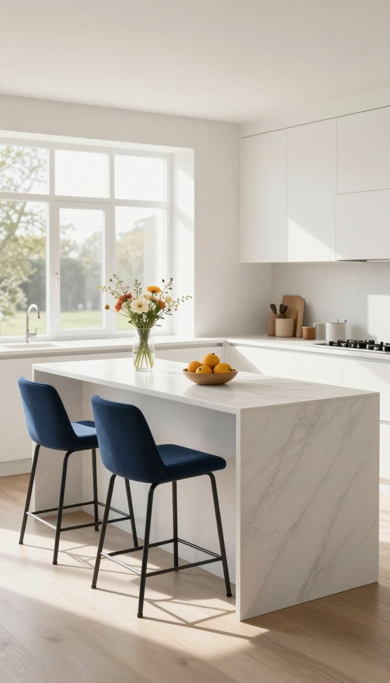 Modern kitchen with navy blue bar stools at a white island