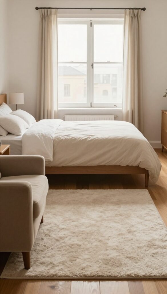 Small bedroom with rugs defining zones: bed anchored by a rug and a cozy reading corner with a chair on a contrasting rug.