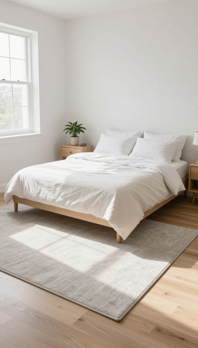 Small bedroom with a well-proportioned area rug extending beyond the bed, creating a balanced and cozy look.