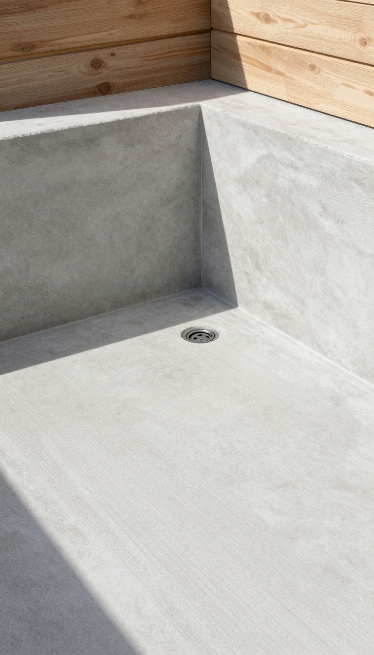 Outdoor shower with broom-finished concrete floor, showing textured surface and drain