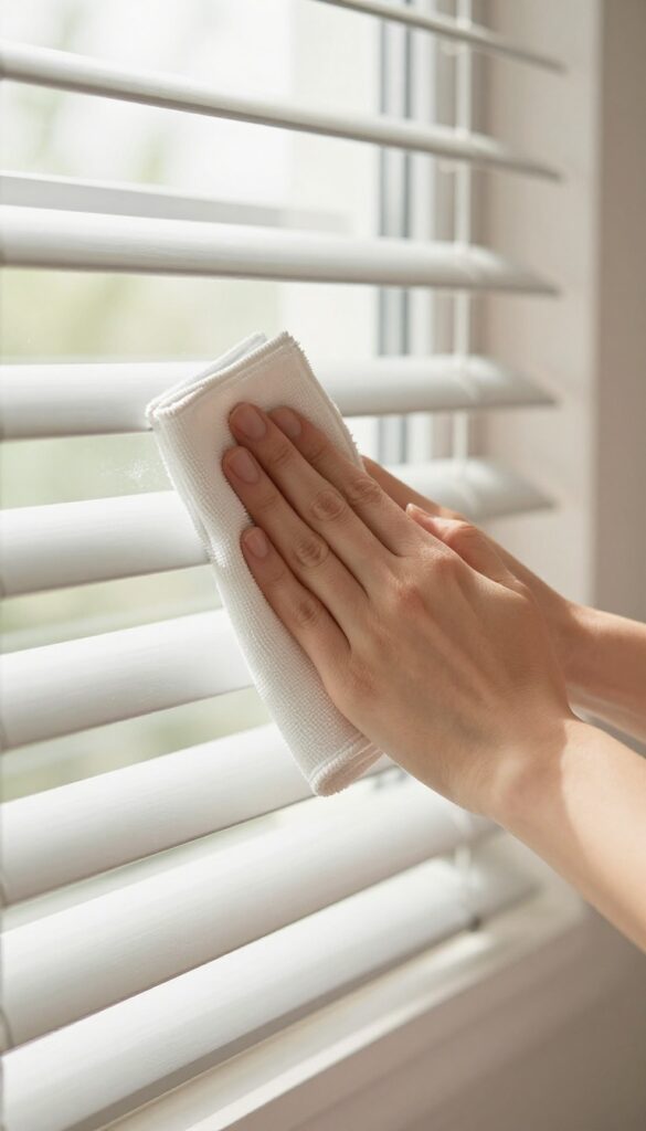 Hands cleaning blinds with a microfiber cloth wrapped around tongs