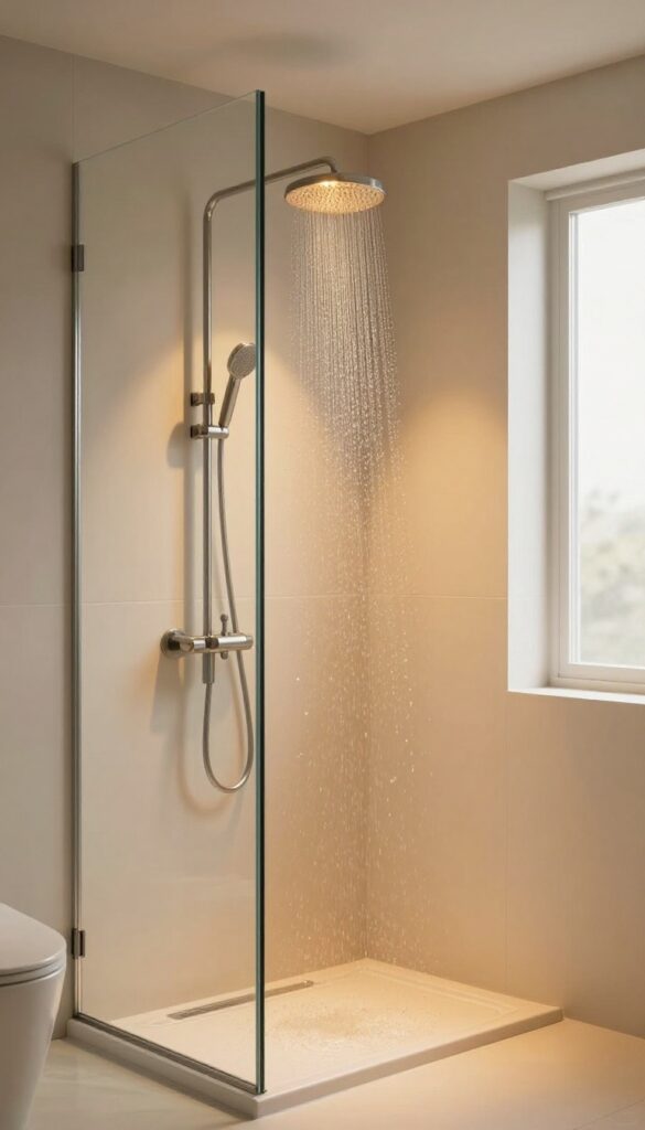 Modern shower interior with warm-toned bulbs creating a cozy, golden glow.