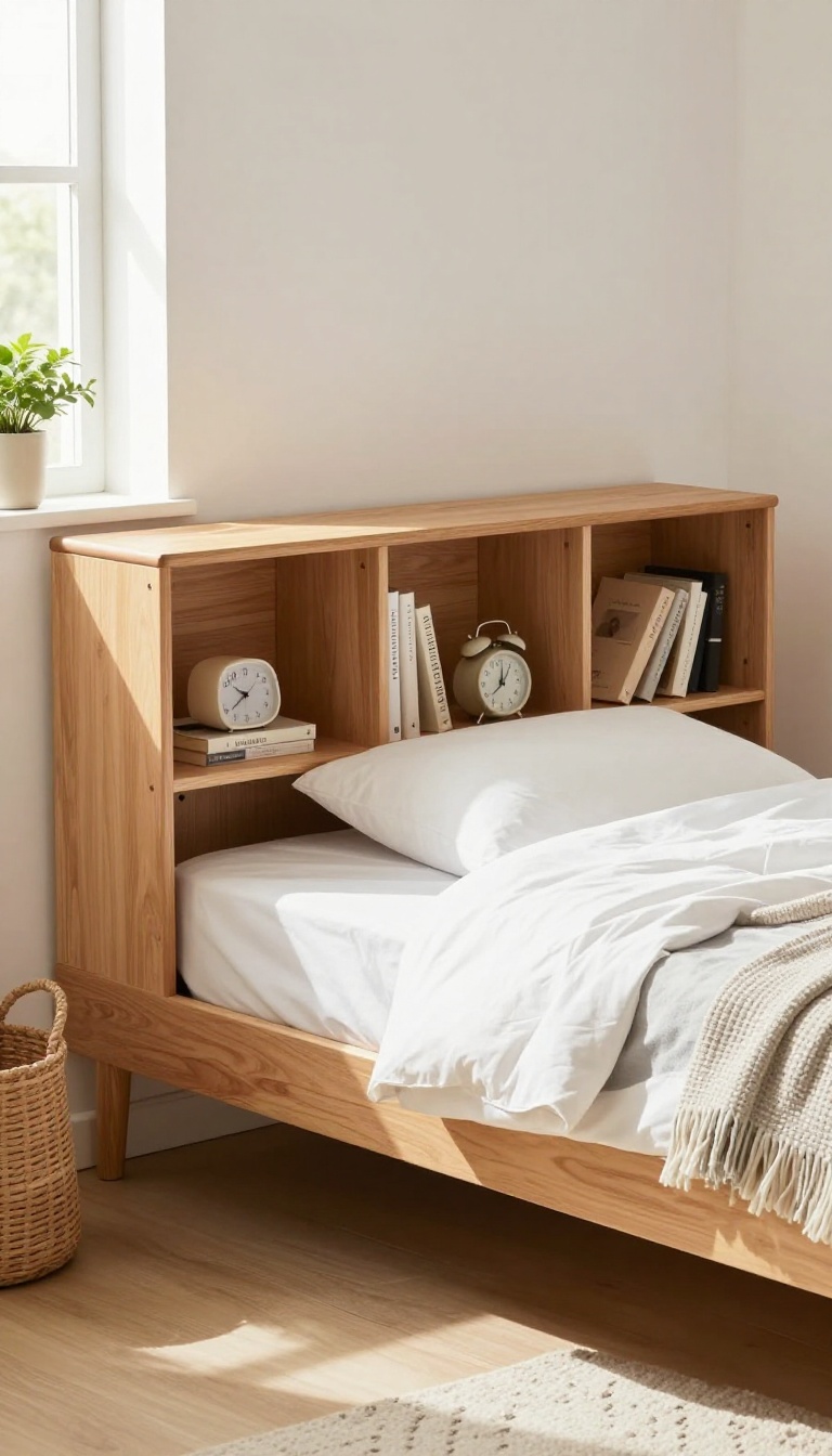 Small guest bedroom with a bed featuring a built-in storage headboard with cubbies for essentials.