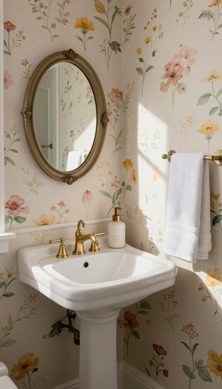Guest bathroom with vintage floral wallpaper and brass fixtures