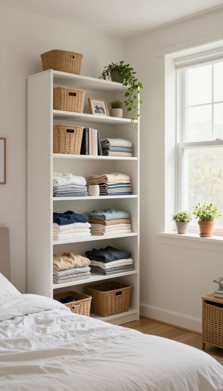 Tall shelving unit in a small bedroom with organized baskets and decor, maximizing vertical space.