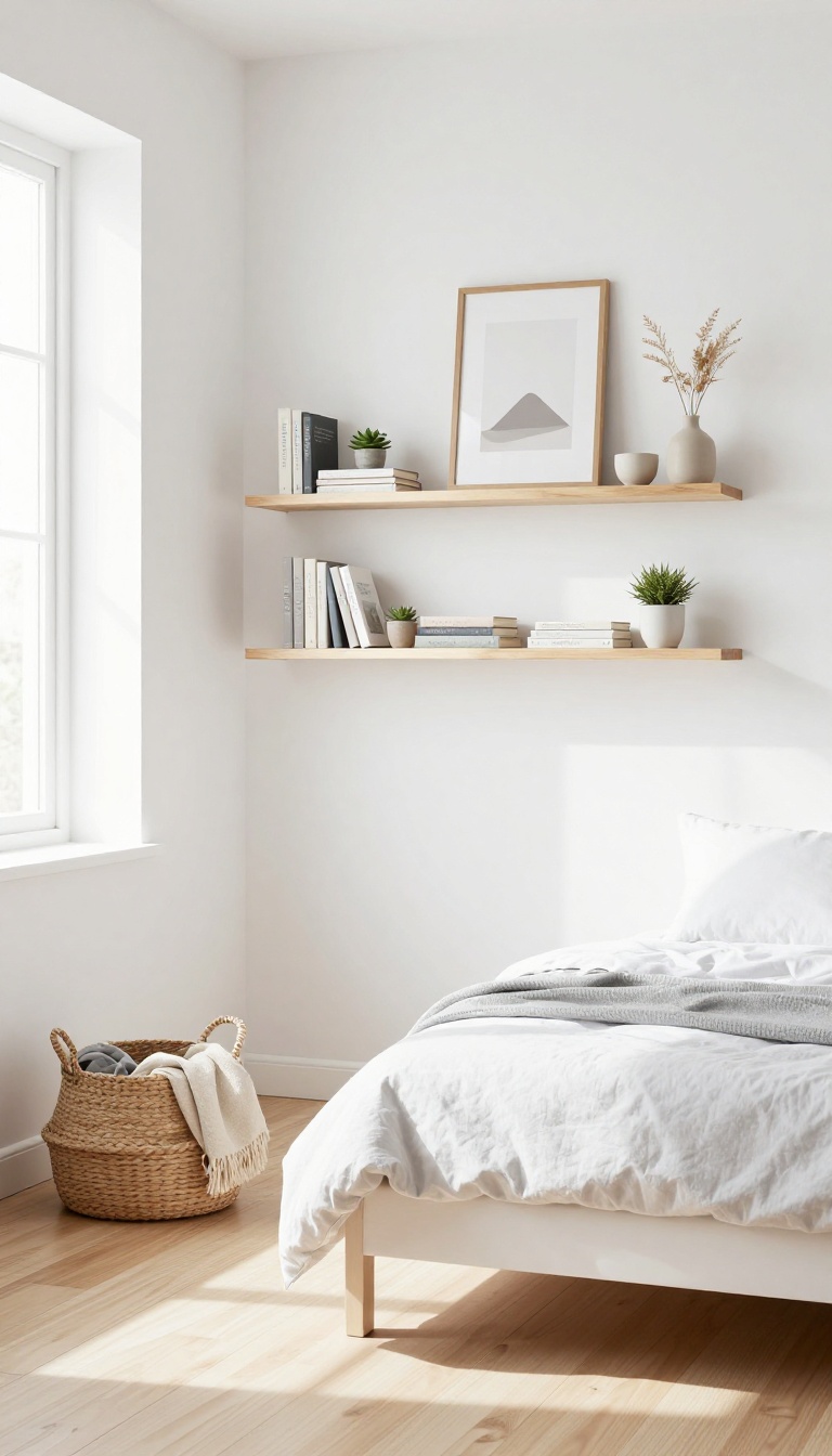 Small guest bedroom with wall-mounted floating shelves above the bed, showcasing books, plants, and decor, creating vertical storage and an open feel