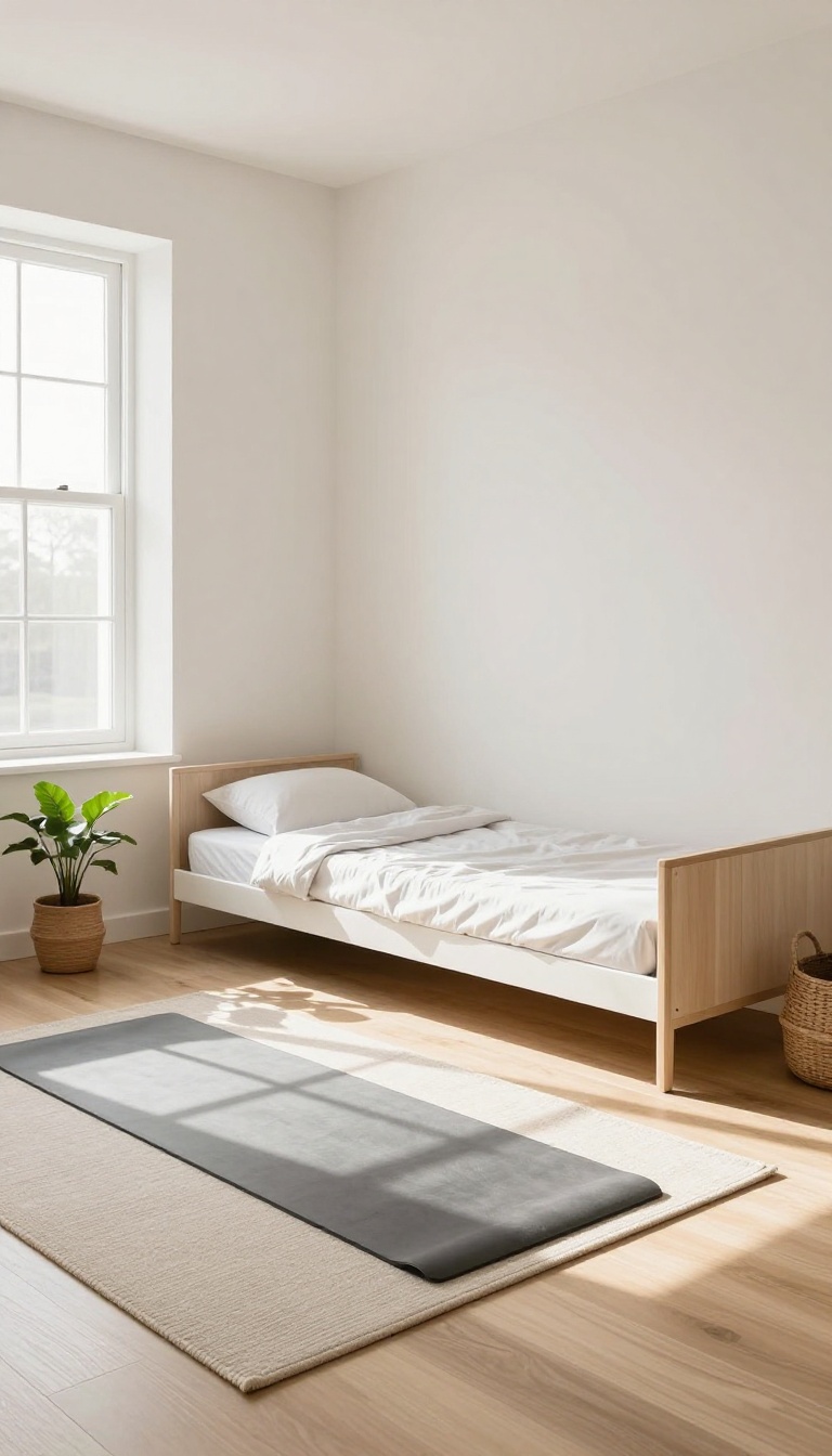 Small bedroom with a modern Murphy bed folded up, showing a multi-purpose space with yoga mat and storage.