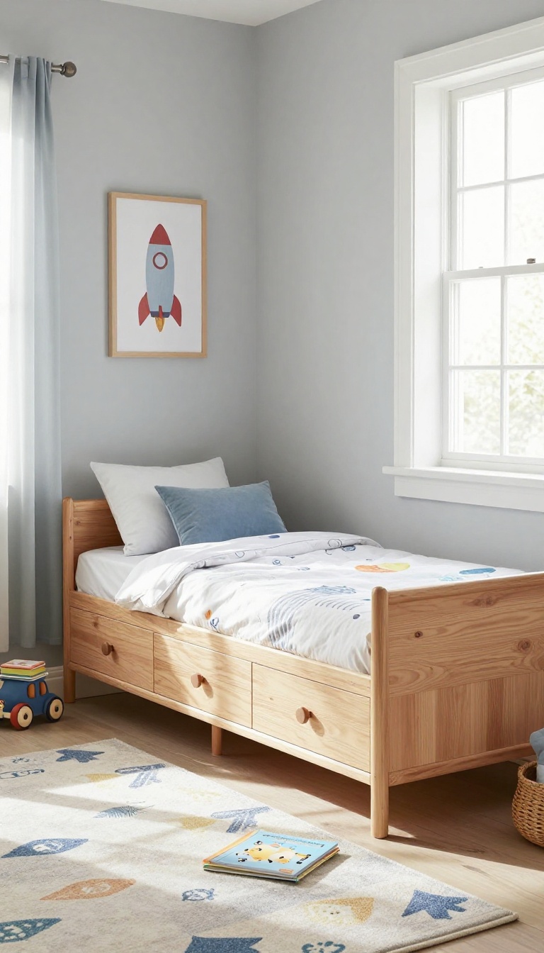 Small boys' bedroom with a bed featuring built-in drawers, keeping the room tidy and organized.
