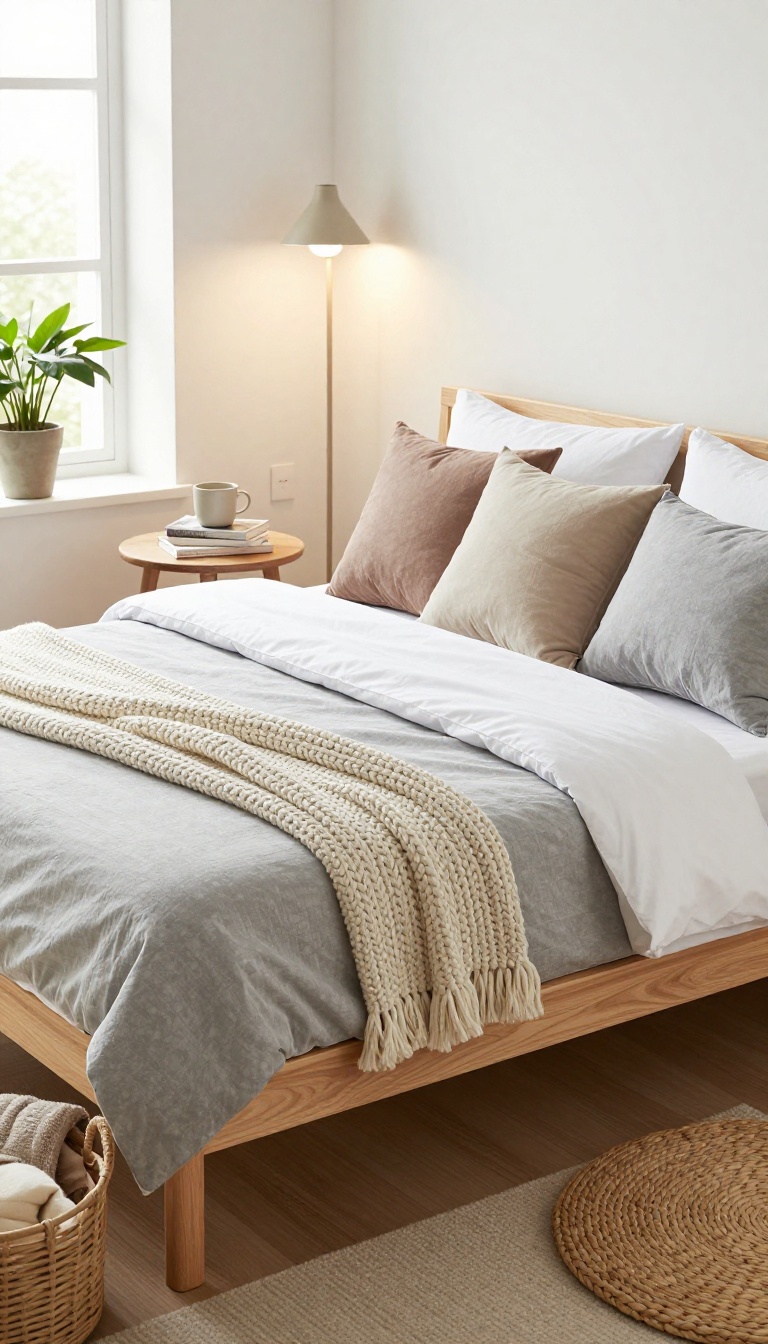 Modern futon styled as a cozy daybed in a bright living room with lumbar pillows, throw blanket, side table, and basket of extra bedding.