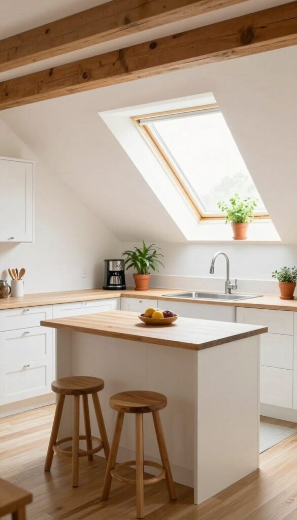 Compact L-shaped attic kitchen with white cabinets, butcher block counter, and natural light from a dormer window