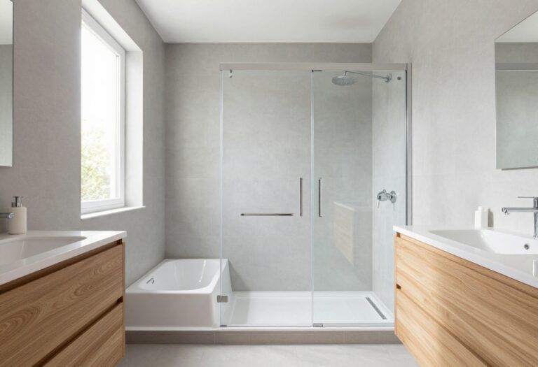 Modern family bathroom with a bathtub and shower combo, featuring a glass door and light gray tiles.