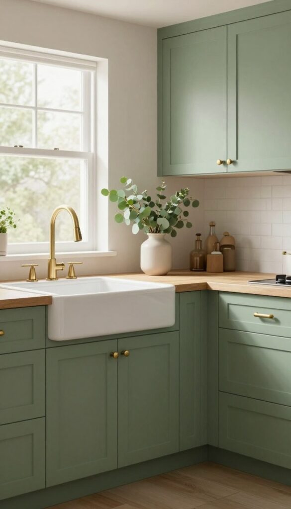 Sage green kitchen cabinets with brass hardware and natural wood accents in a bright, calming kitchen.