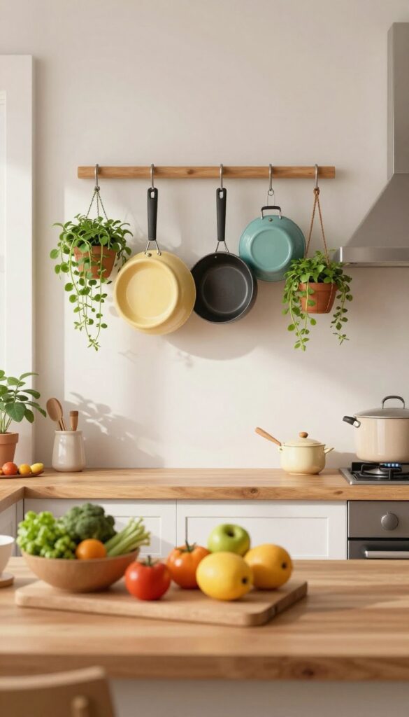 A cozy virtual kitchen with a hanging pot rack above the stove, surrounded by herbs and fresh produce, in a bright and charming style.