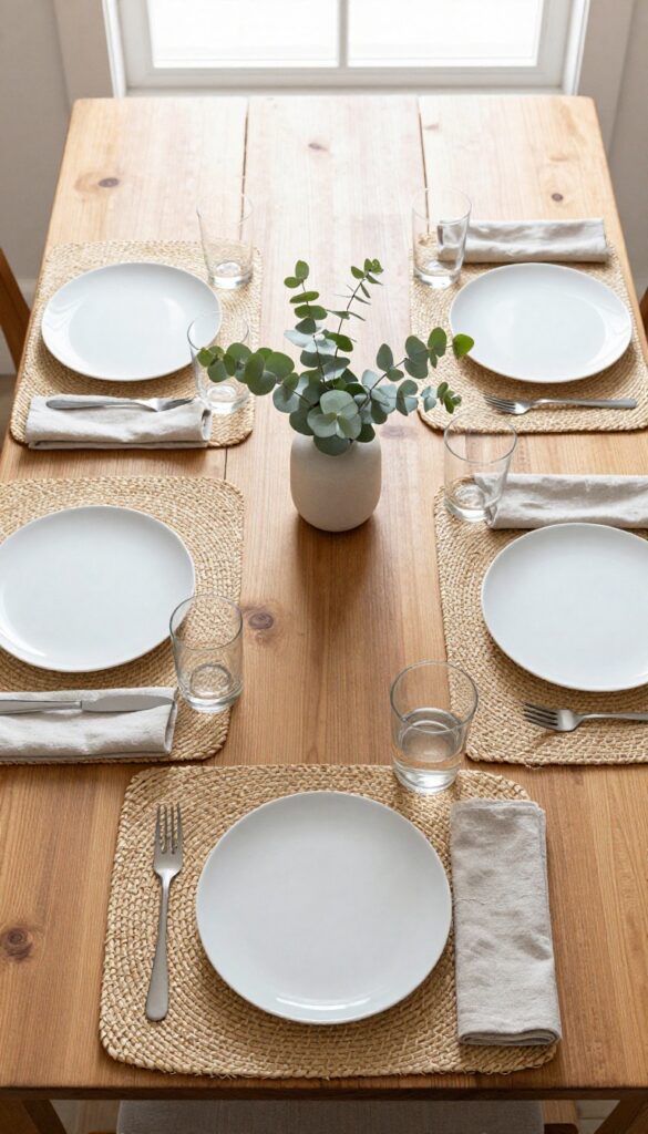 A wooden kitchen table with woven placemats and folded cloth napkins, styled for a simple elegant meal