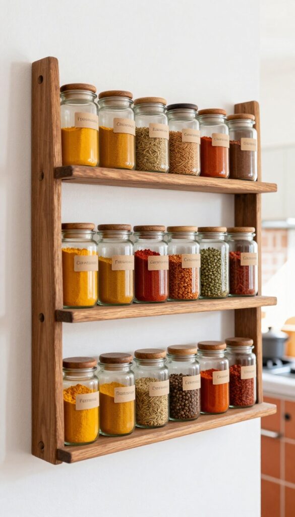 Rustic wooden hanging spice rack filled with labeled glass jars of colorful Indian spices on a traditional kitchen wall