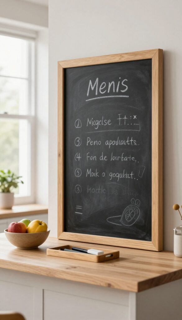 Modern kitchen island with a chalkboard back panel and a tray of chalk, in bright natural light