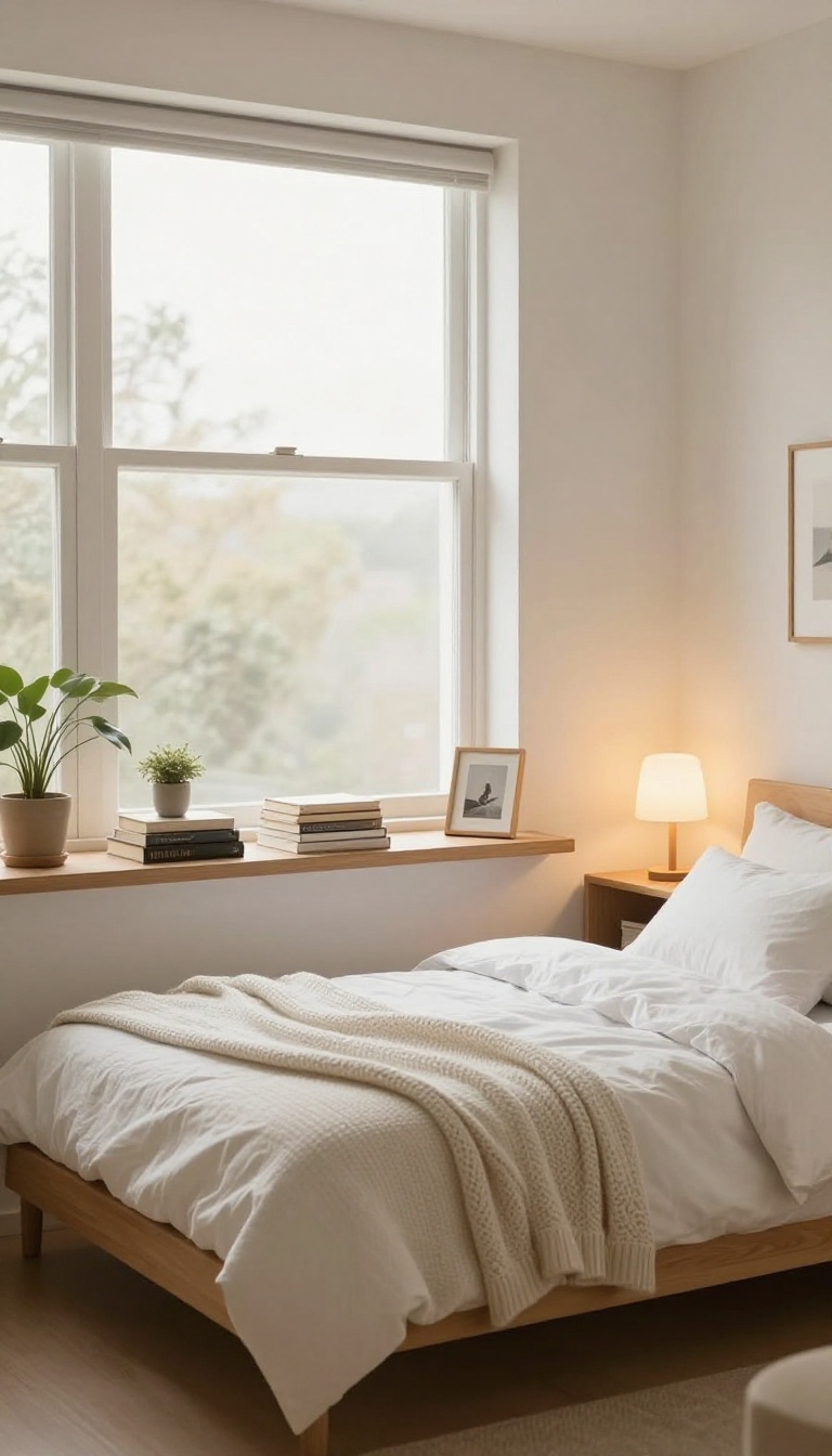 Cozy small bedroom with floating shelves above the bed displaying books, a plant, and a framed photo, warm lighting, and soft bedding.