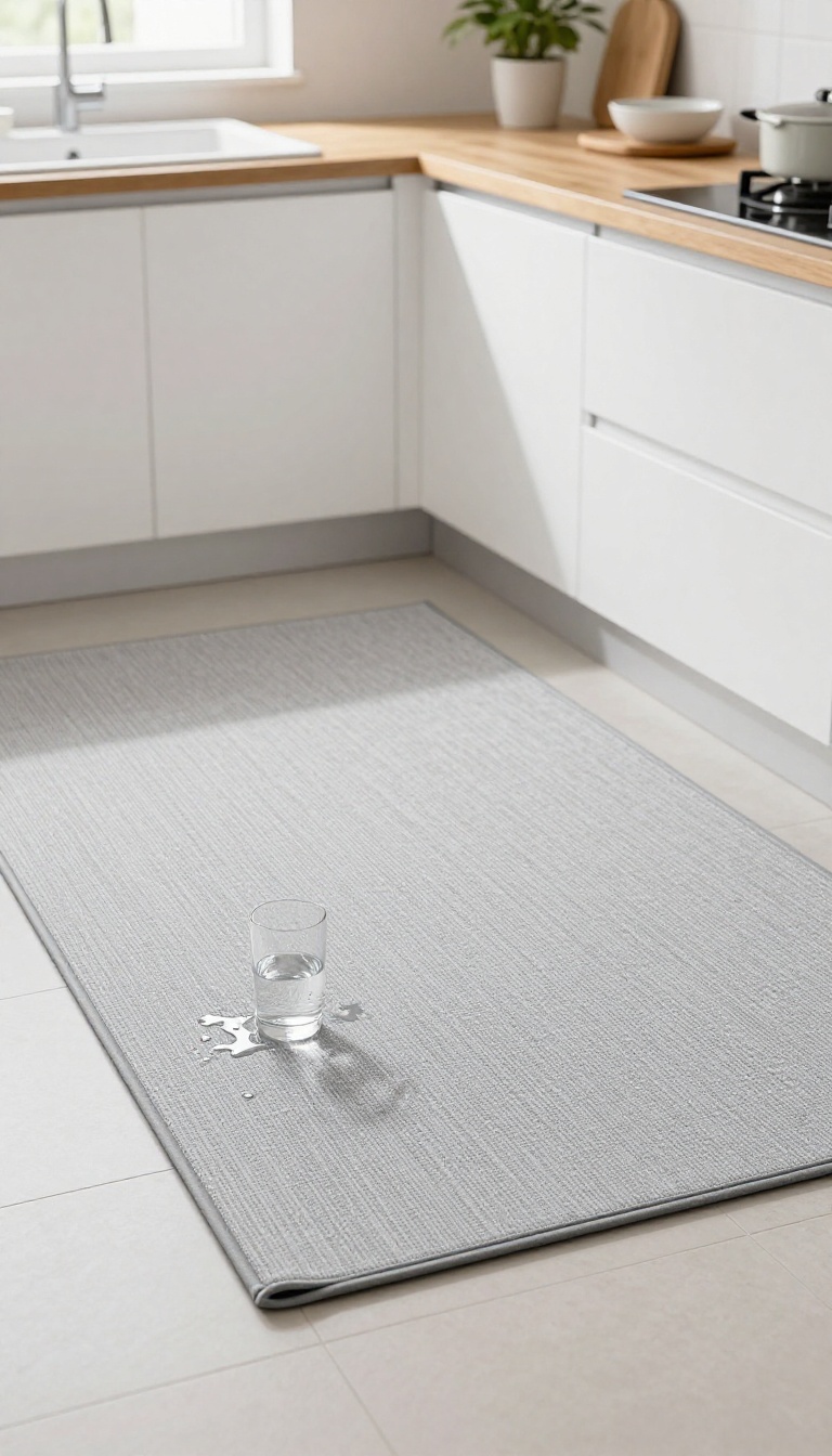 Waterproof kitchen runner rug with water beading on its surface