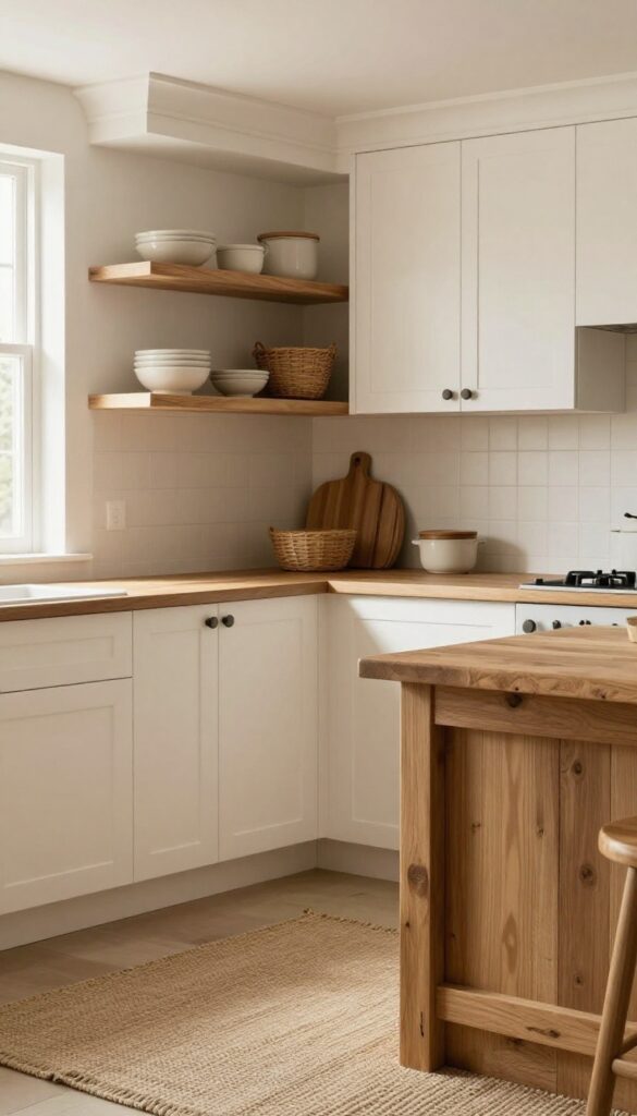 Warm off-white matte finish kitchen cabinets paired with natural wood countertops and open shelving, creating a cozy and inviting atmosphere.