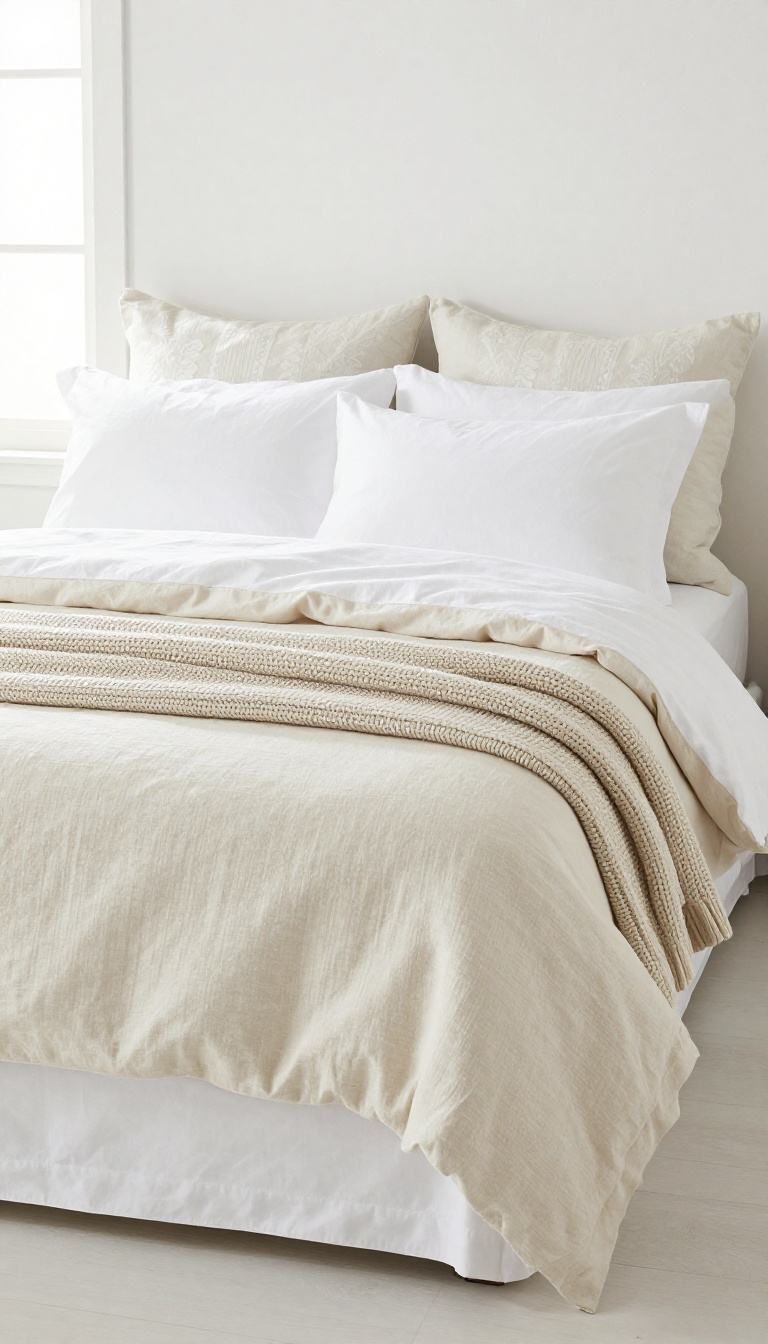 Layered guest bed with white cotton sheets, linen duvet, and chunky knit throw in a bright, airy room.