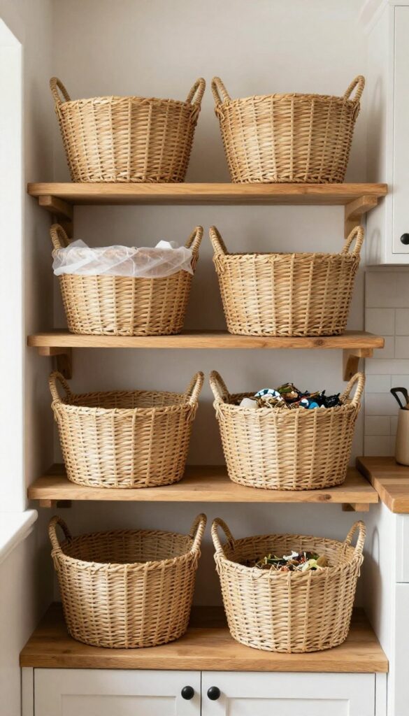 Open shelving with woven baskets for trash storage in a warm farmhouse kitchen