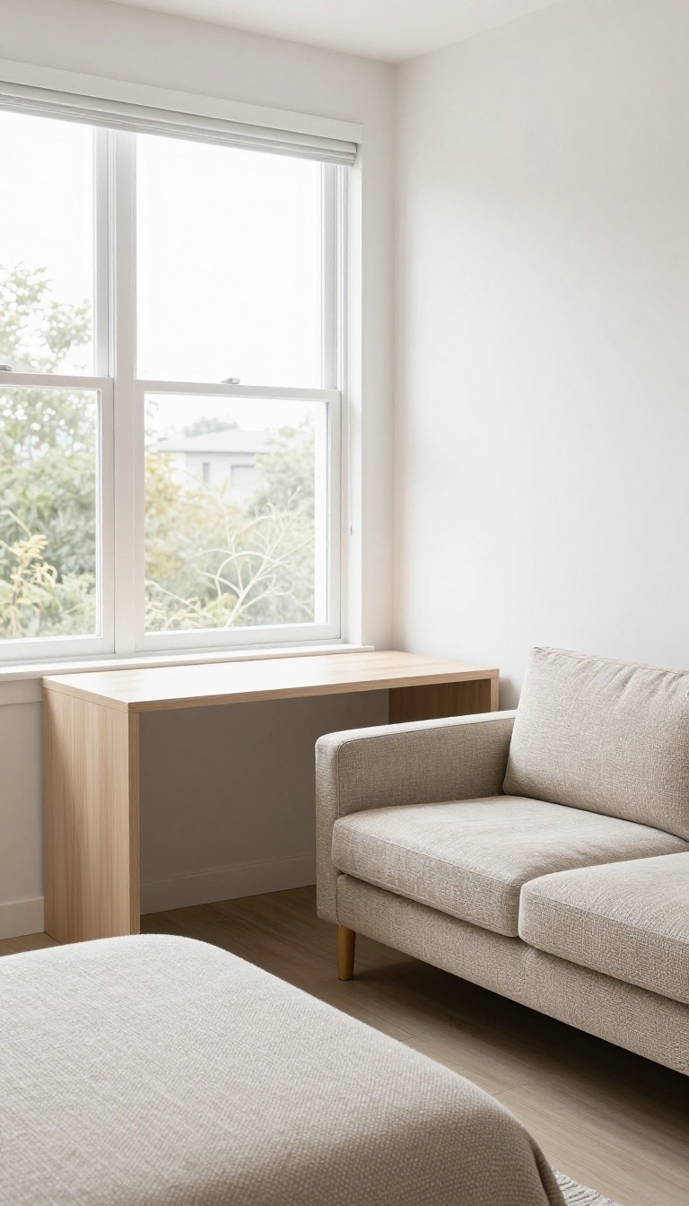 Corner desk with sofa bed in a bright guest room
