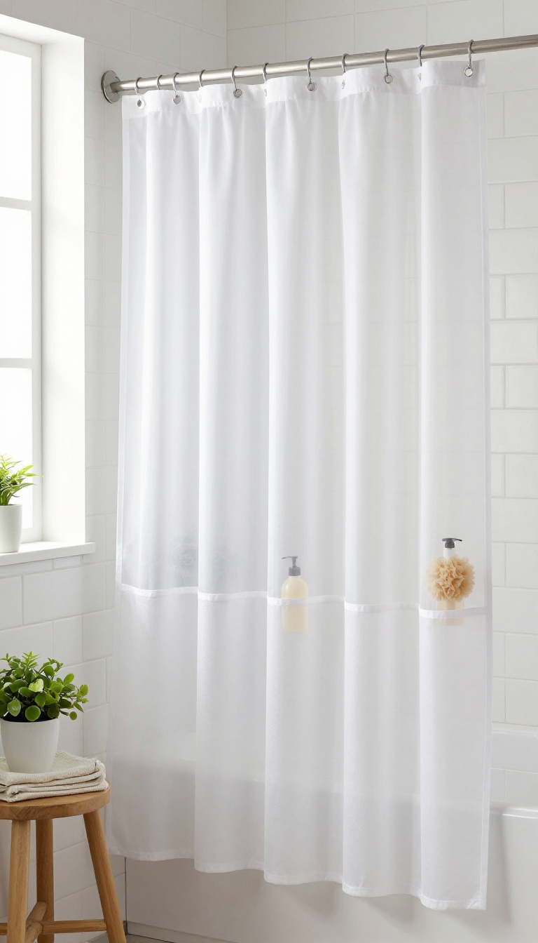 Minimalist shower curtain with a storage liner in a small, bright bathroom, showing hidden pockets for toiletries.
