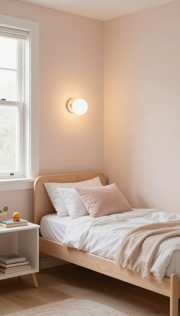 Kids bedroom with wall-mounted sconce and clear nightstand