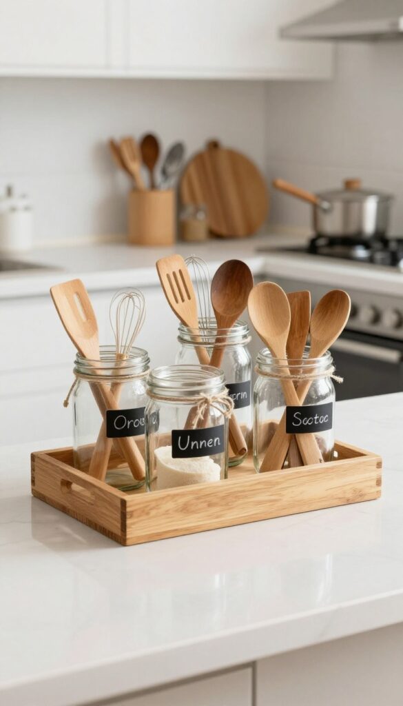 Mason jar utensil holders on a kitchen countertop