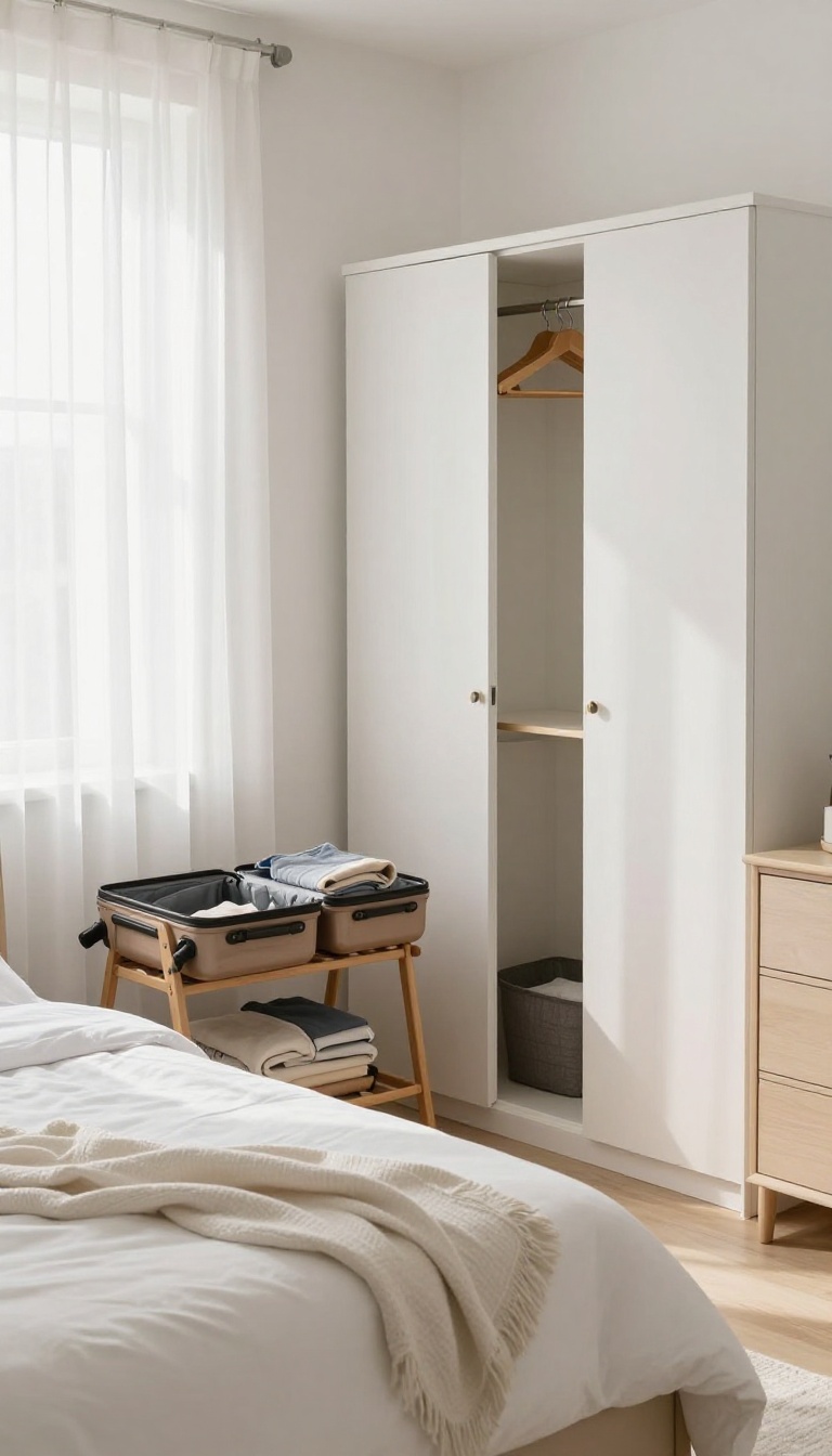 Guest bedroom with luggage rack, open drawers, and hangers, showcasing storage solutions for guests