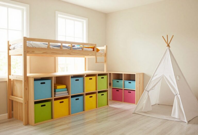 Small kids' bedroom with loft bed and play area