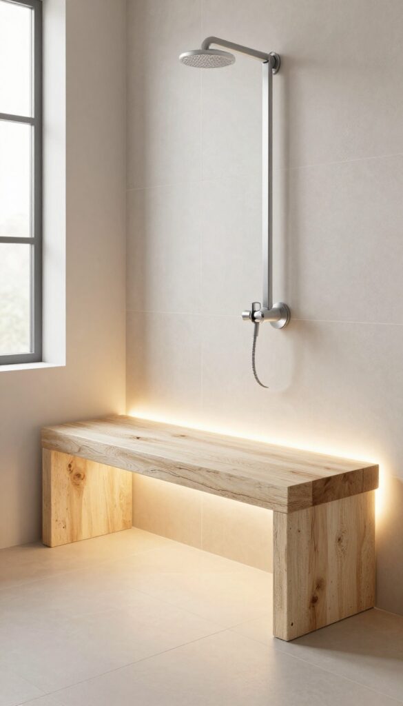Warm rope lighting under a shower bench creating a soft, floating glow on the tile floor
