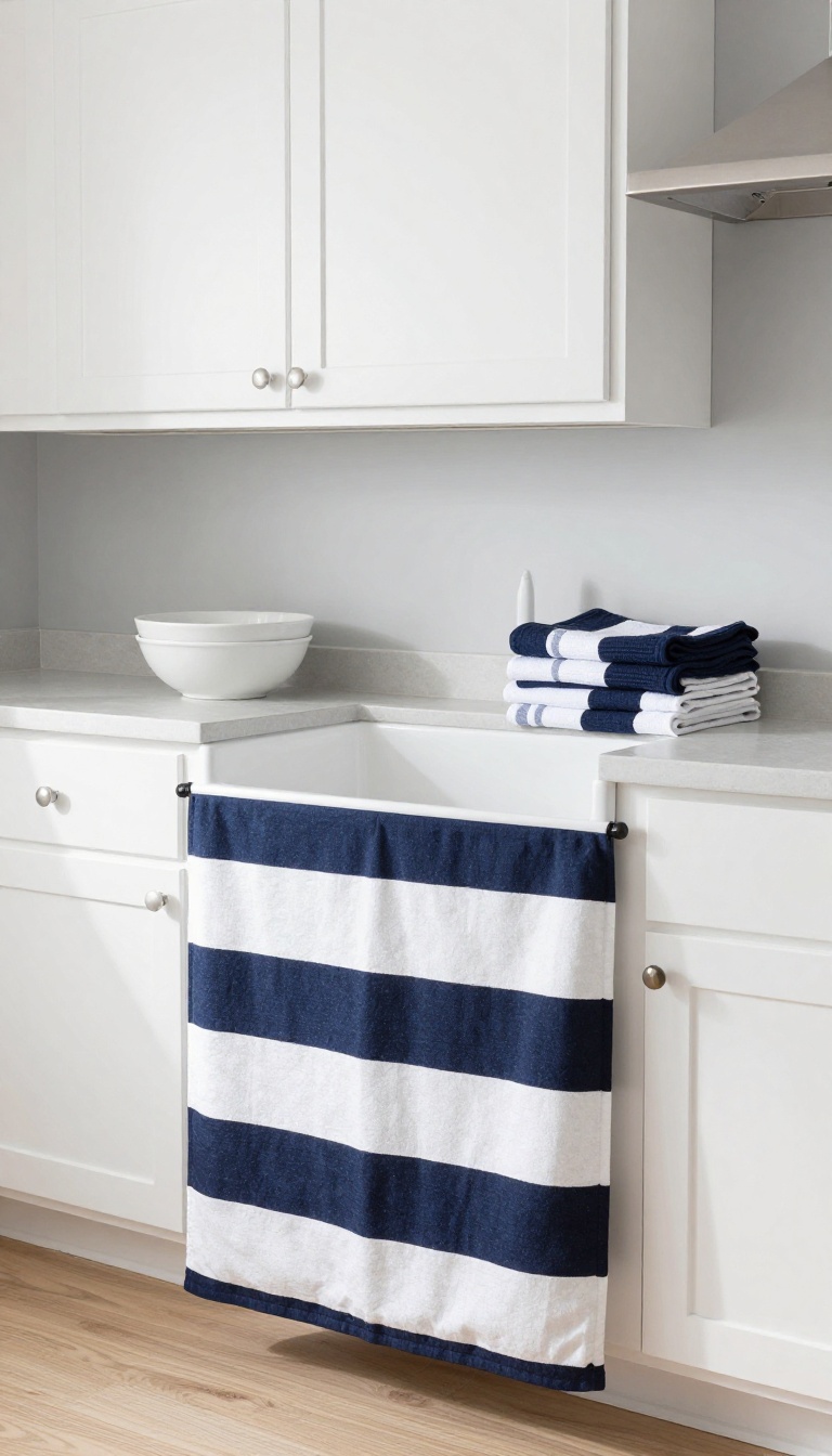 Navy blue and white textiles in a bright kitchen, including a striped runner rug, folded towels, and a valance, adding softness and color.
