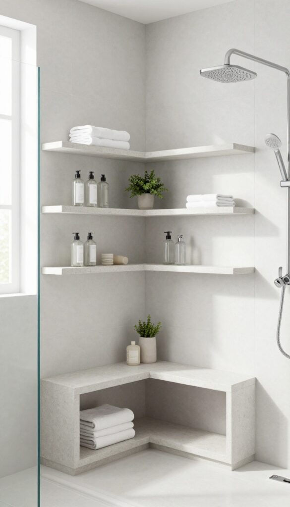 Corner shower bench with built-in shelves in a modern bathroom