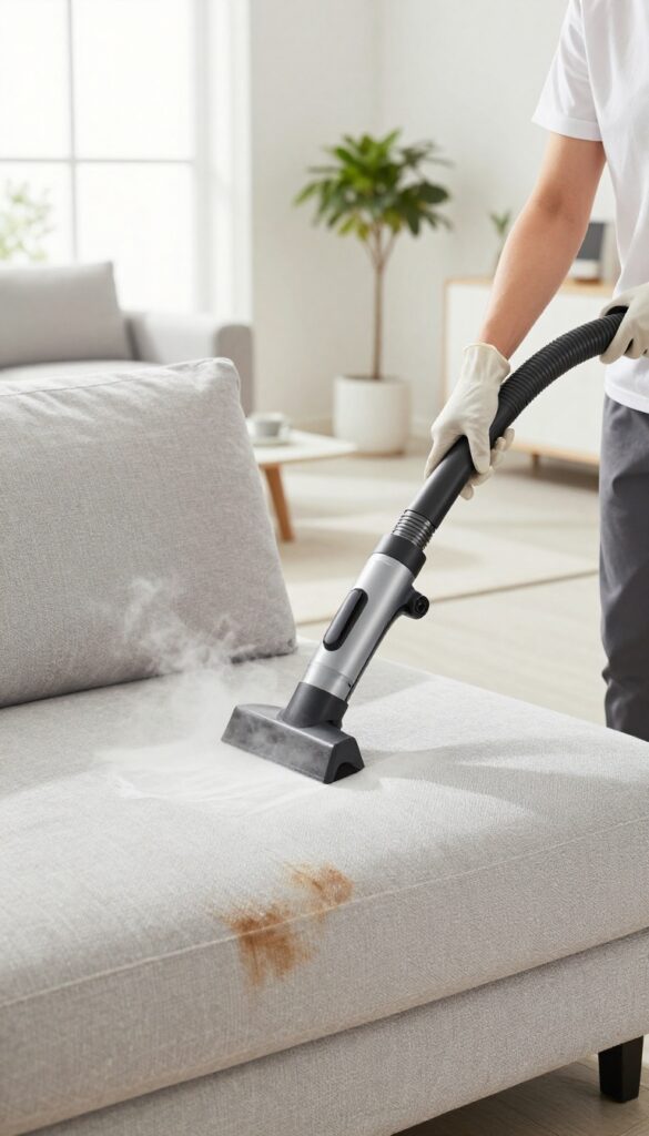 Professional upholstery cleaner using a steam machine on a couch cushion in a bright living room