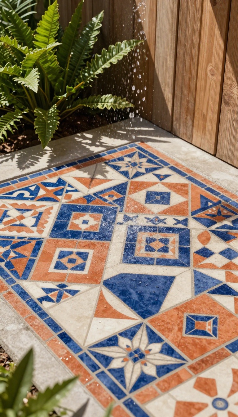 Colorful patterned cement tile floor in an outdoor shower with natural light and greenery