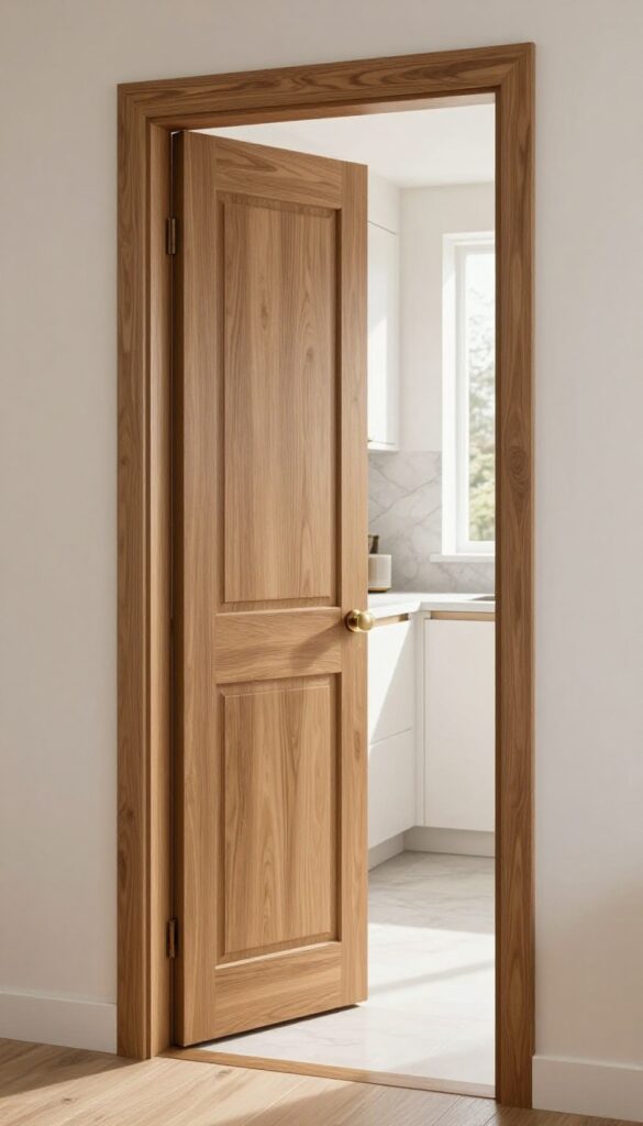 Warm wood slab door at a kitchen entrance, natural light, modern interior