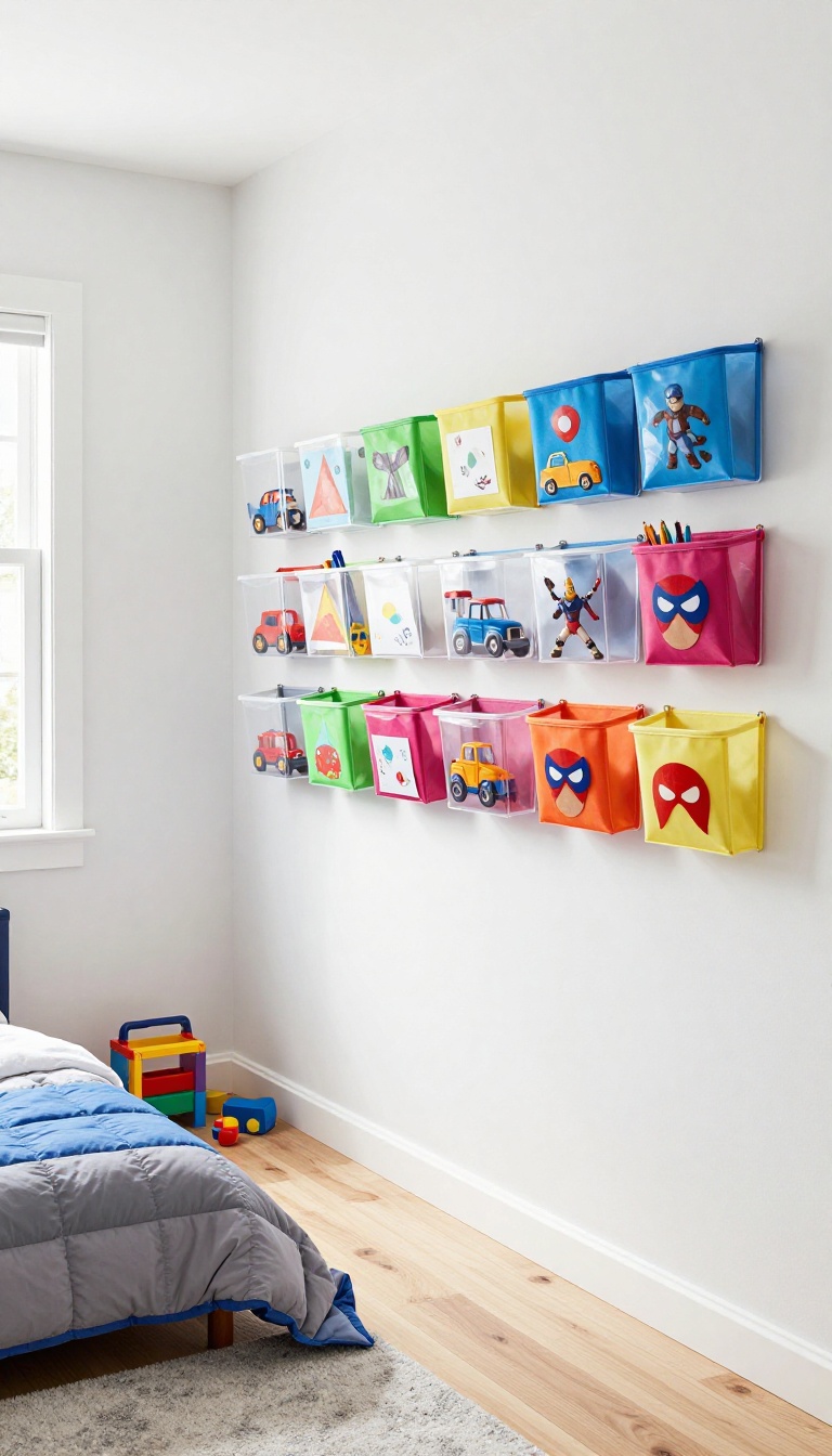Wall-mounted toy storage in a boy's bedroom with clear bins and canvas pockets