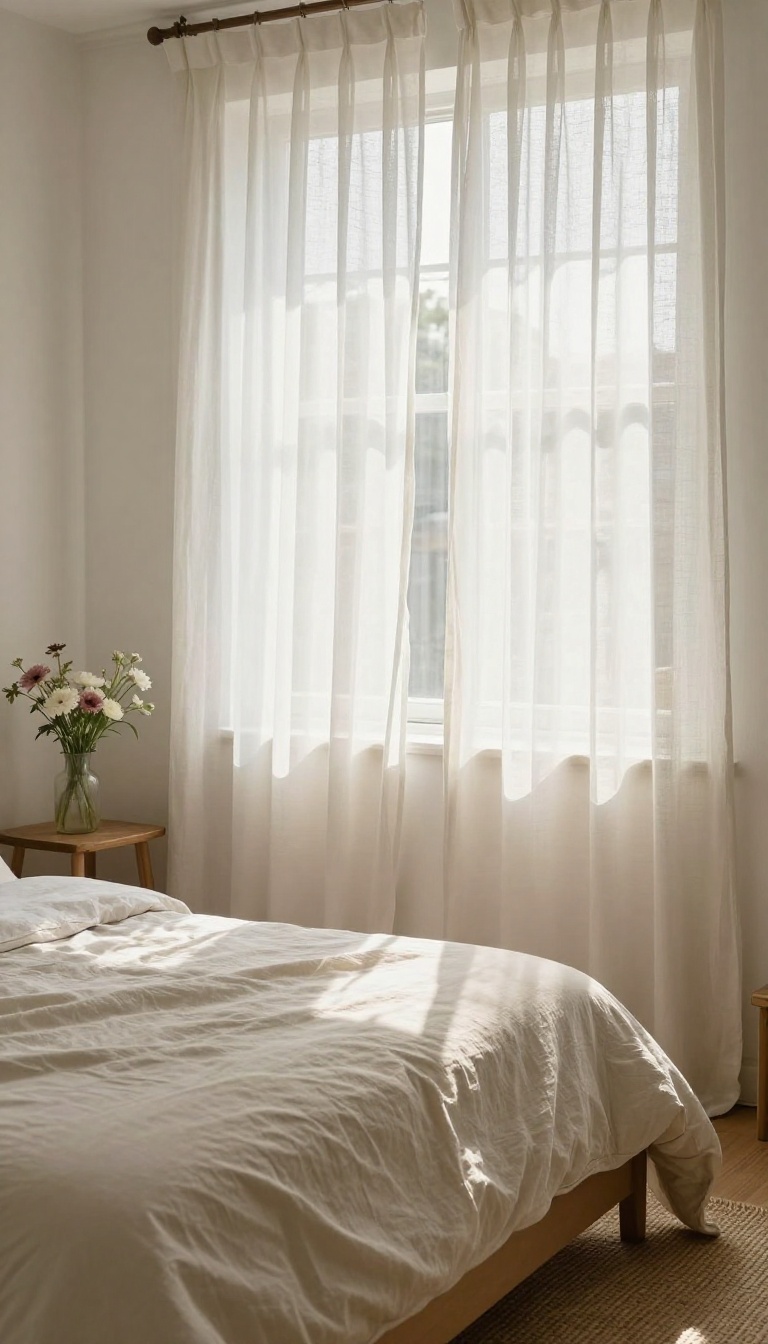 Guest bedroom with sheer white linen curtains filtering soft morning light, creating a warm and airy atmosphere.