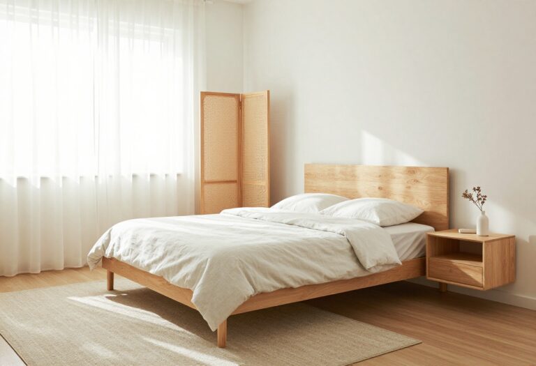Cozy small bedroom for a couple with space-saving furniture and soft lighting