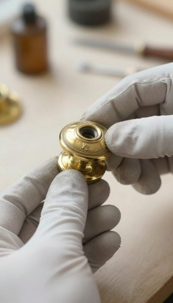 Professional restorer's gloved hand holding an antique brass doorknob on a workbench