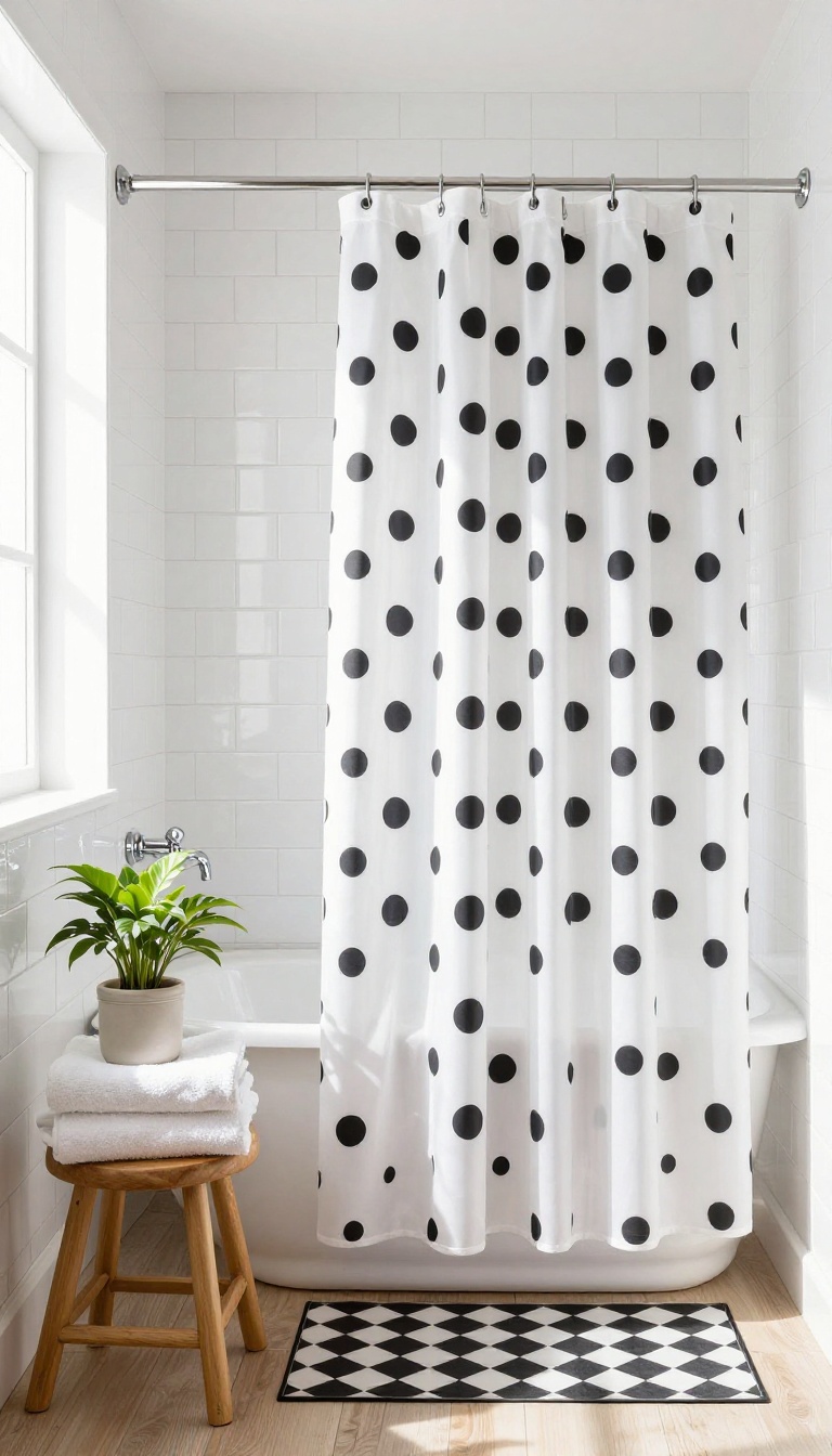 A bathroom featuring a black and white polka dot shower curtain, white tiles, chrome fixtures, and a checkered floor mat.
