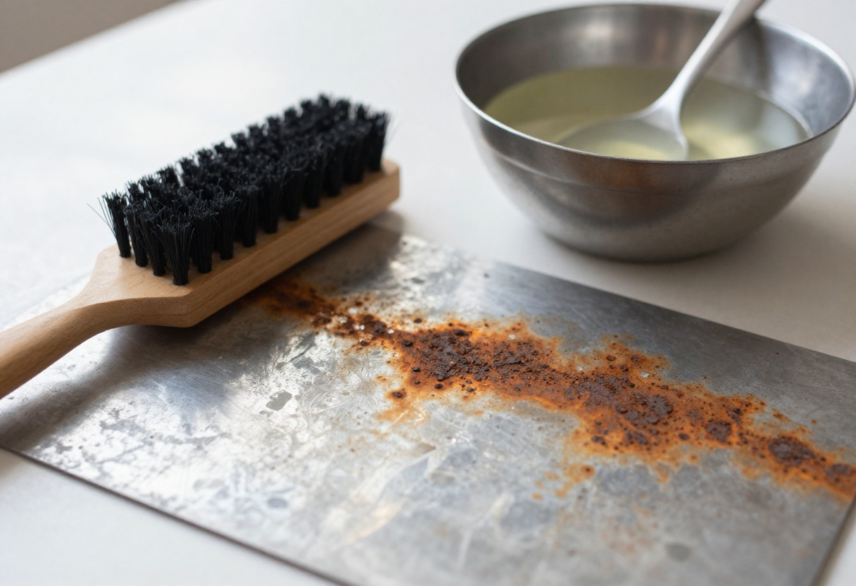 Cleaning rust off a metal surface with a brush and vinegar