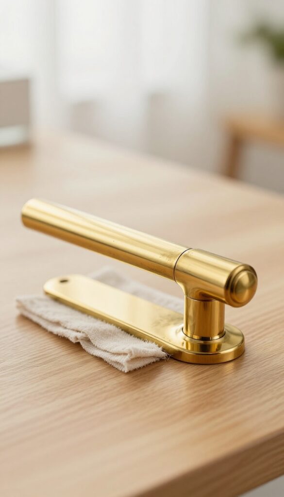 Polishing a brass door handle with a cloth and commercial cleaner, revealing a warm shine.