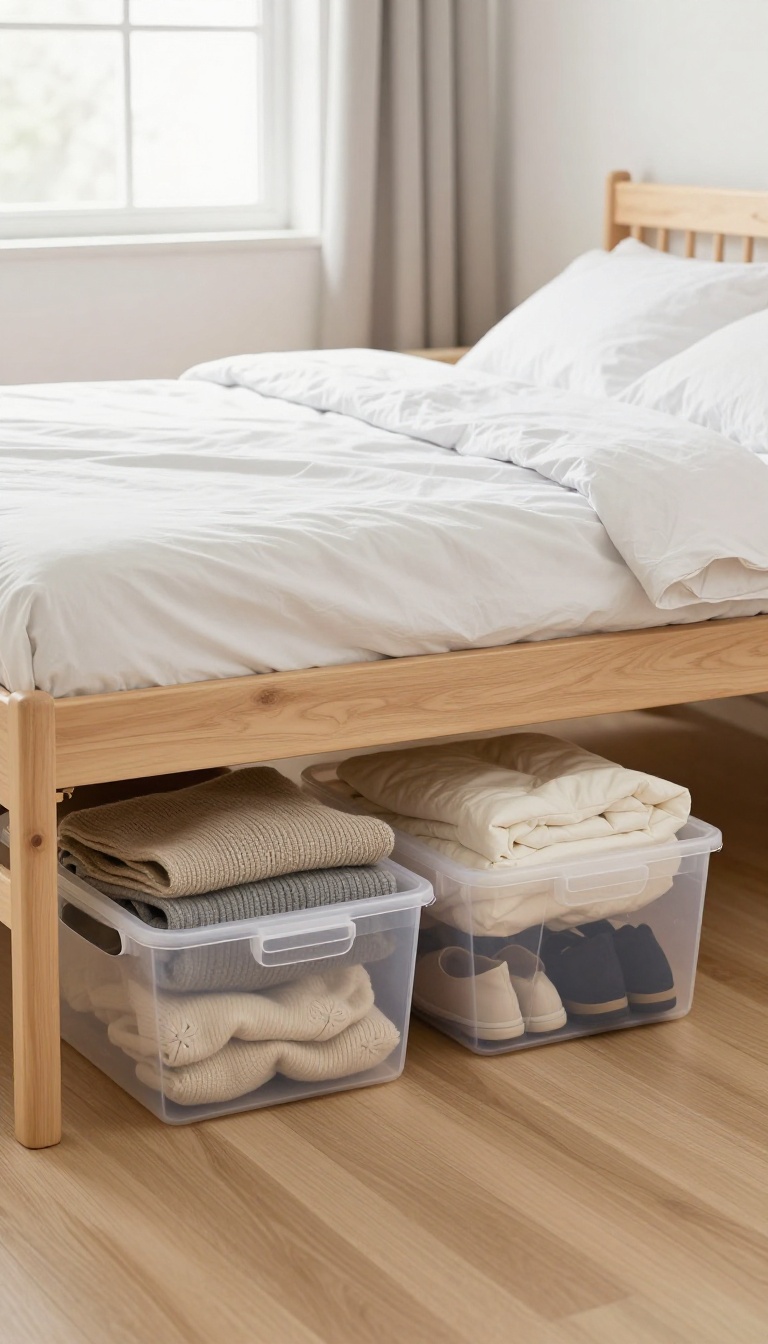 Clear under-bed storage bins neatly organized beneath a bed in a small, bright bedroom