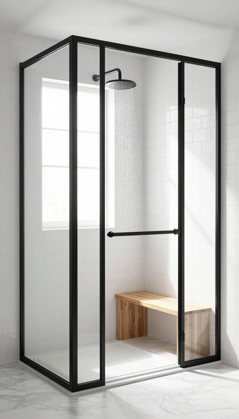 Black-framed glass shower enclosure in a modern bathroom with white subway tile and marble floor.