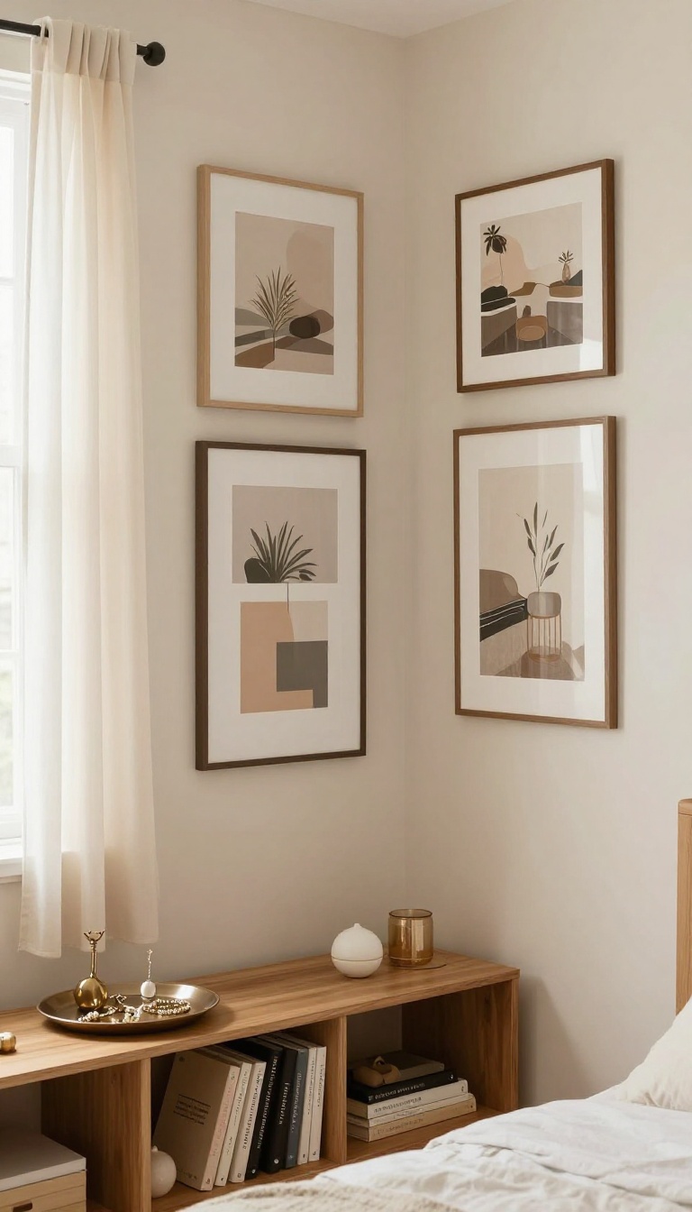 Small bedroom with a gallery wall and decorative tray on nightstand, adding character with personal art and accessories.